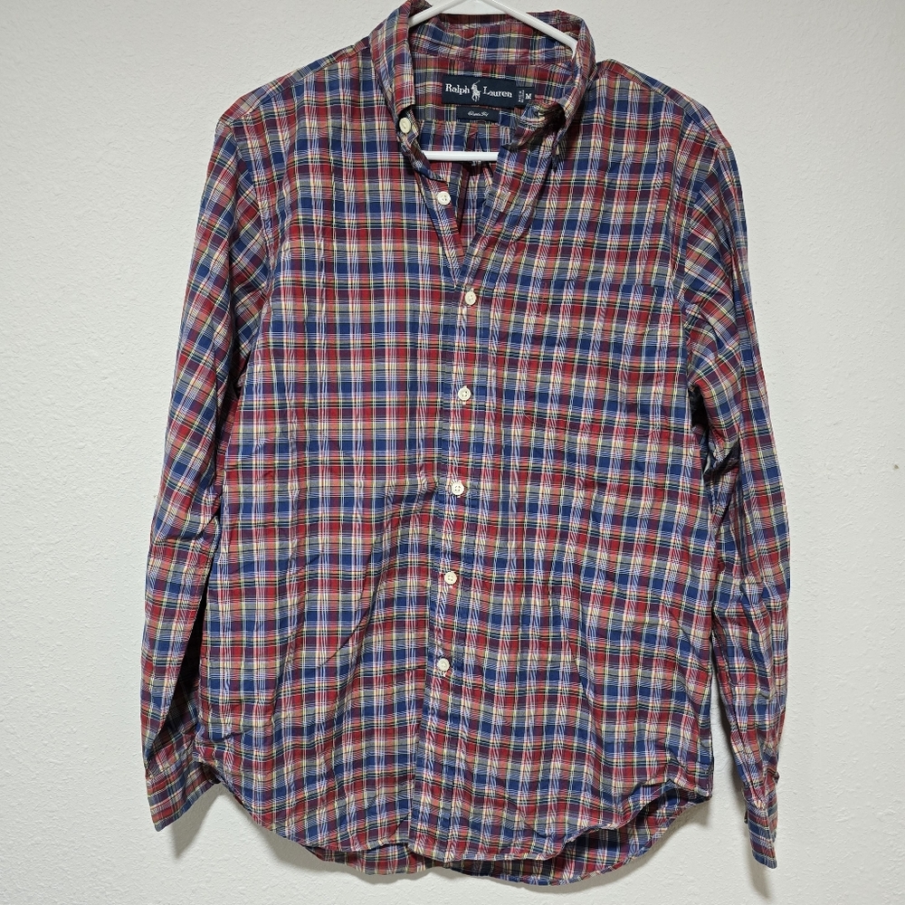 Ralph Lauren Classic Fit Mens Medium Red Blue Plaid Long Sleeve Button Down